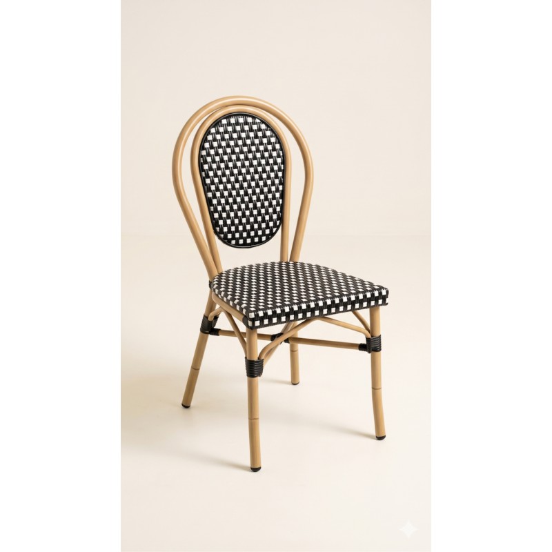 SILLA ESTILO FRANCES SIN BRAZOS ESTRUCTURA DE ALUMINIO COLOR NATURAL Y ESTERILLA SINTETICA COLOR NEGRA Y BLANCO