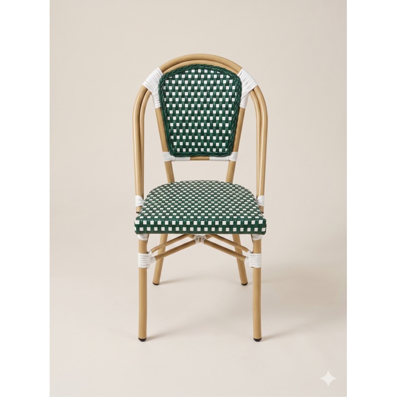SILLA ESTILO FRANCES SIN BRAZOS ESTRUCTURA DE ALUMINIO COLOR NATURAL Y ESTERILLA SINTETICA COLOR VERDE Y BLANCO