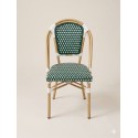 SILLA ESTILO FRANCES SIN BRAZOS ESTRUCTURA DE ALUMINIO COLOR NATURAL Y ESTERILLA SINTETICA COLOR VERDE Y BLANCO