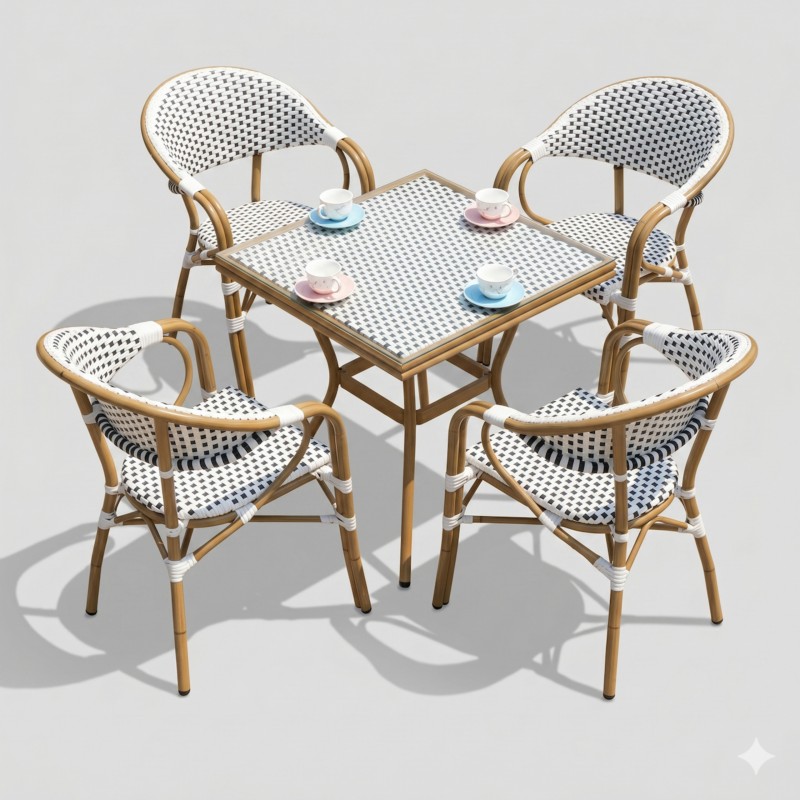 JGO ESTILO FRANCES MESA CUADRADA 70CM Y 4 SILLAS C/BRAZOS ESTRUCTURA DE ALUMINIO NATURAL Y ESTERILLA SINT. COLOR BLANCA Y NEGRO