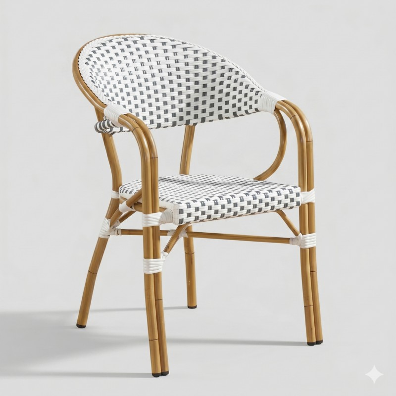 SILLA ESTILO FRANCES CON BRAZOS ESTRUCTURA DE ALUMINIO COLOR NATURAL Y ESTERILLA SINTETICA BLANCA Y NEGRO