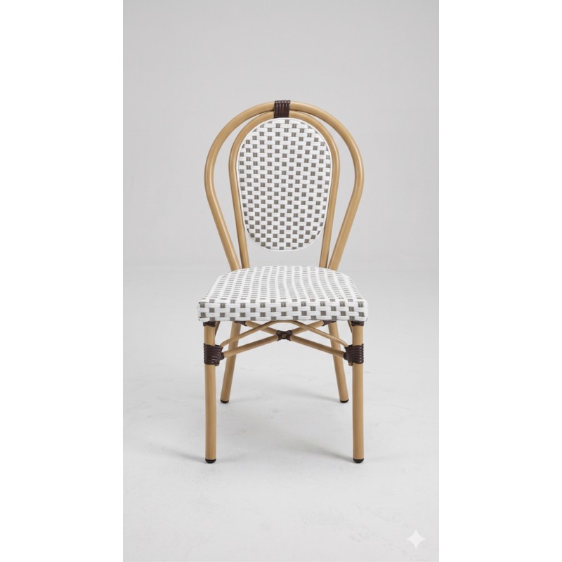 SILLA ESTILO FRANCES SIN BRAZOS ESTRUCTURA DE ALUMINIO COLOR NATURAL Y ESTERILLA SINTETICA COLOR BLANCA Y GRIS
