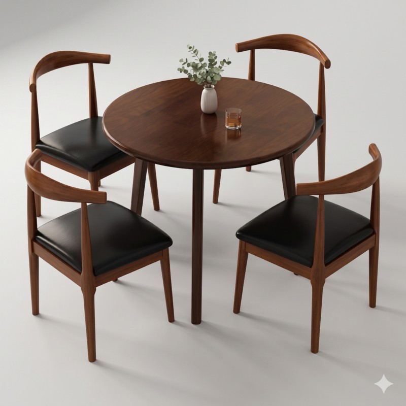 JUEGO DE MESA DE MADERA REDONDA COLOR NOGAL DIAMETRO 70CM Y 4 SILLAS
