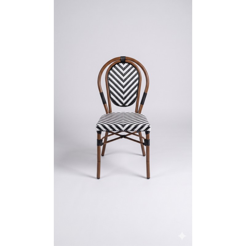 SILLA ESTILO FRANCES SIN BRAZOS ESTRUCTURA DE ALUMINIO COLOR NOGAL Y ESTERILLA SINTETICA ESPIGA COLOR BLANCA Y NEGRO