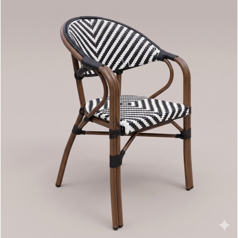 SILLA ESTILO FRANCES CON BRAZOS ESTRUCTURA DE ALUMINIO COLOR NOGAL Y ESTERILLA SINTETICA ESPIGA NEGRA Y BLANCA